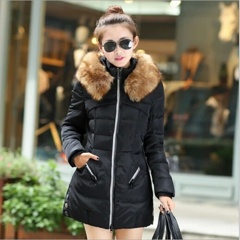 

2015 Winter Women Parka Outerwear Duck Down Jacket With Large Fur Collar Plus Size S - XXXXL Thickening Long Coat