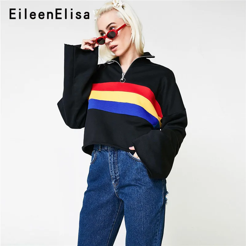 Eileen Elisa Style Hoodie Bomber Casual Sweatshirt Top 2018 Striped Print Hoodies Women Pullovers Hoodies