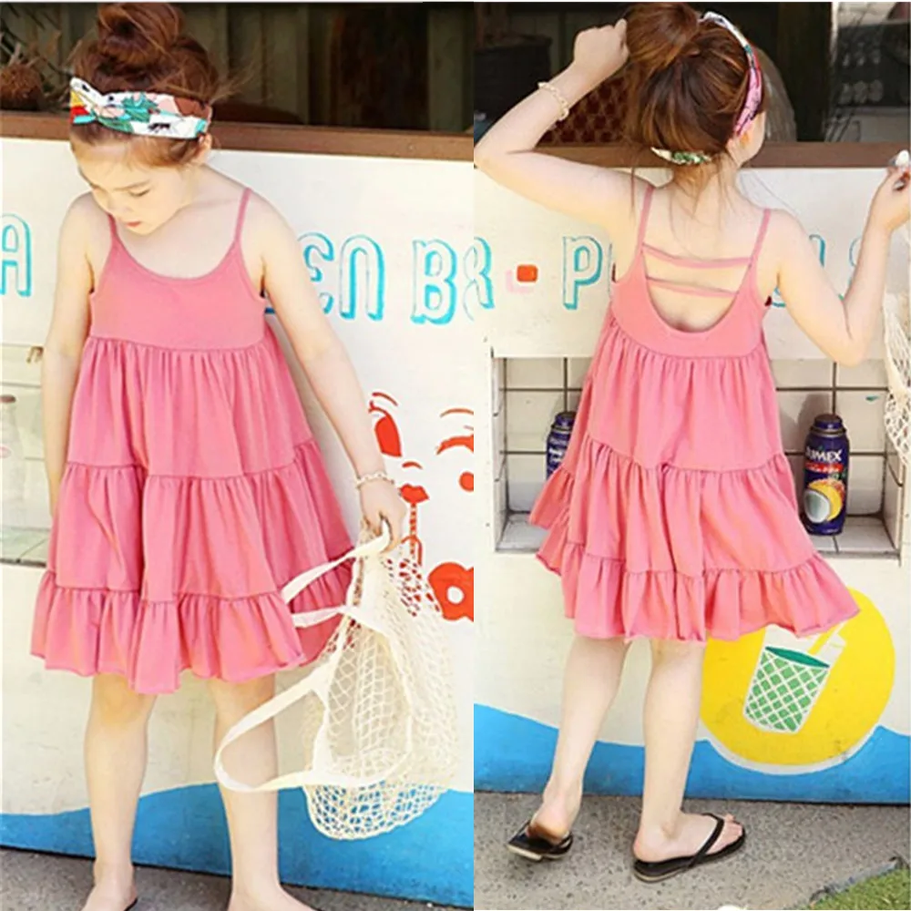 

2019 New Kids Sleeveless Princess Dress Summer Sling Dresses for Girl 1-7 Years Girls Solid Color Dress Children Cotton Clothing