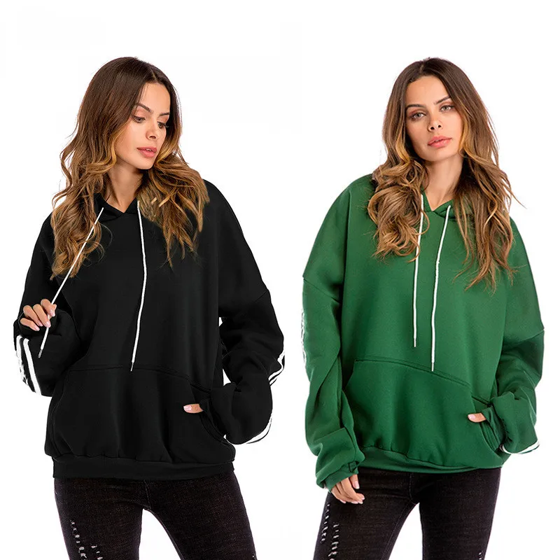 

Big Size Casual Solid Lace Up Women Pocket Hoody Sweatshirt High Quality For Autumn 2018 Striped Sleeves Loose Women Hoodies New