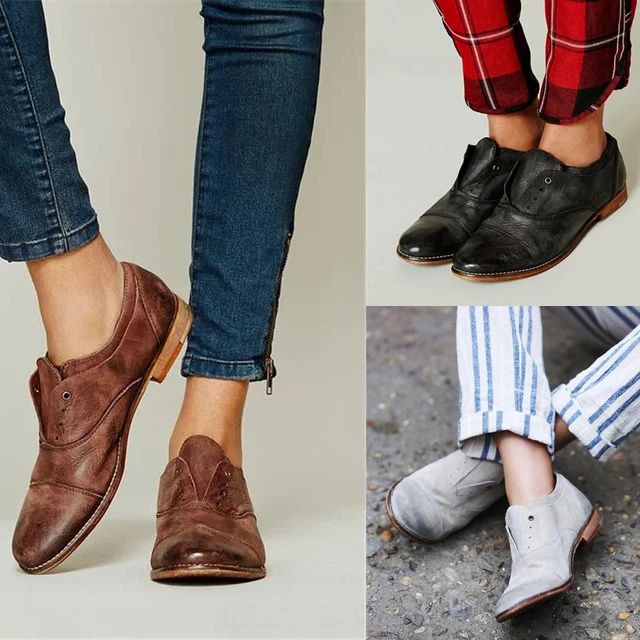 

EOEODOIT Spring Autumn Leather Shoes Low Square Heel Pumps Round Toe Retro Rome Style Brush Off Leather Shoes Plus Size