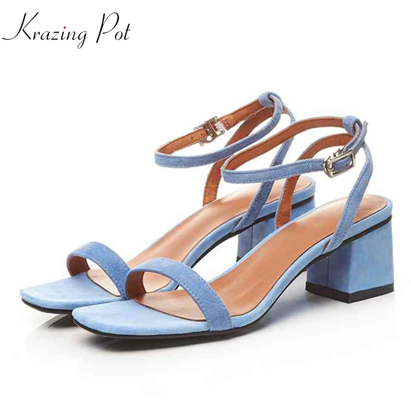 

Krazing pot kid suede new buckle fashion women square heel sandals decoration high heels simple all match solid summer shoes L38