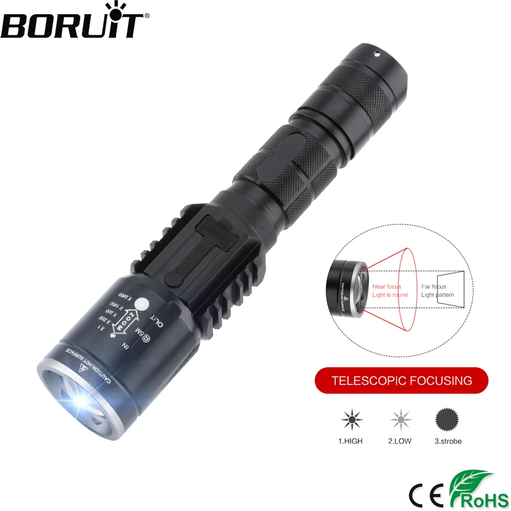 

BORUiT U01 XML T6 LED Flashlight Zoom 5-Mode Torch USB Output Flash Light Power Bank Portable Lantern Camping Hunting Light