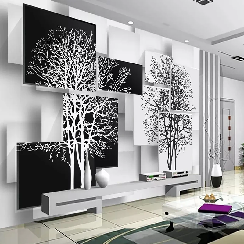 Пользовательские фото обои современный минималистский черный, белый цвет дерева 3D стены росписи ткани Гостиная Спальня украшения стены покрытия