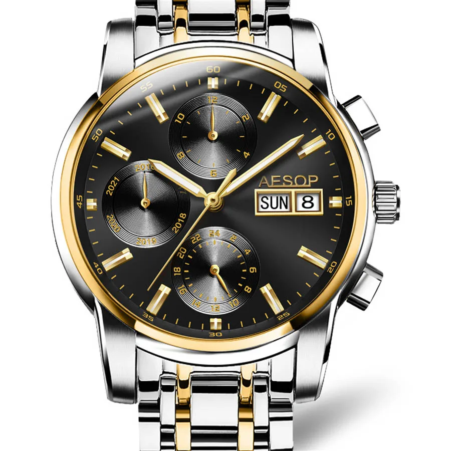 AESOP Роскошные автоматические механические часы мужские часы лучший бренд класса люкс полностью стальные водонепроницаемые спортивные часы Relogio Masculino - Цвет: Black Gold