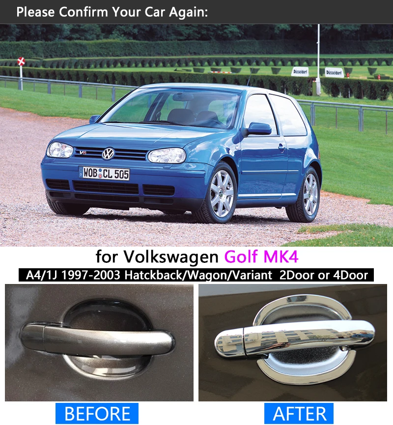Couvercle de poignée de porte chromé, accessoires de voiture, ensemble  d'autocollants de garniture, pour Volkswagen VW Golf 4 MK4 Rabbit A4 1J  1997 ~