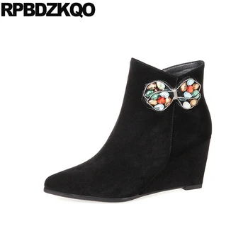 

black women short high heel pointed toe winter ankle rhinestone bow wedge shoes fur quality side zip boots suede genuine leather