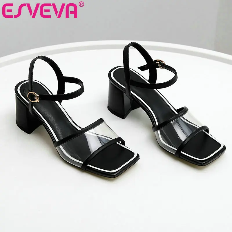 

ESVEVA 2019 Ladies Sandals Square High Heel Ankle Strap PU+Cow Leather Ladies Transparent Summer Slingback Women Shoe Size 34-40