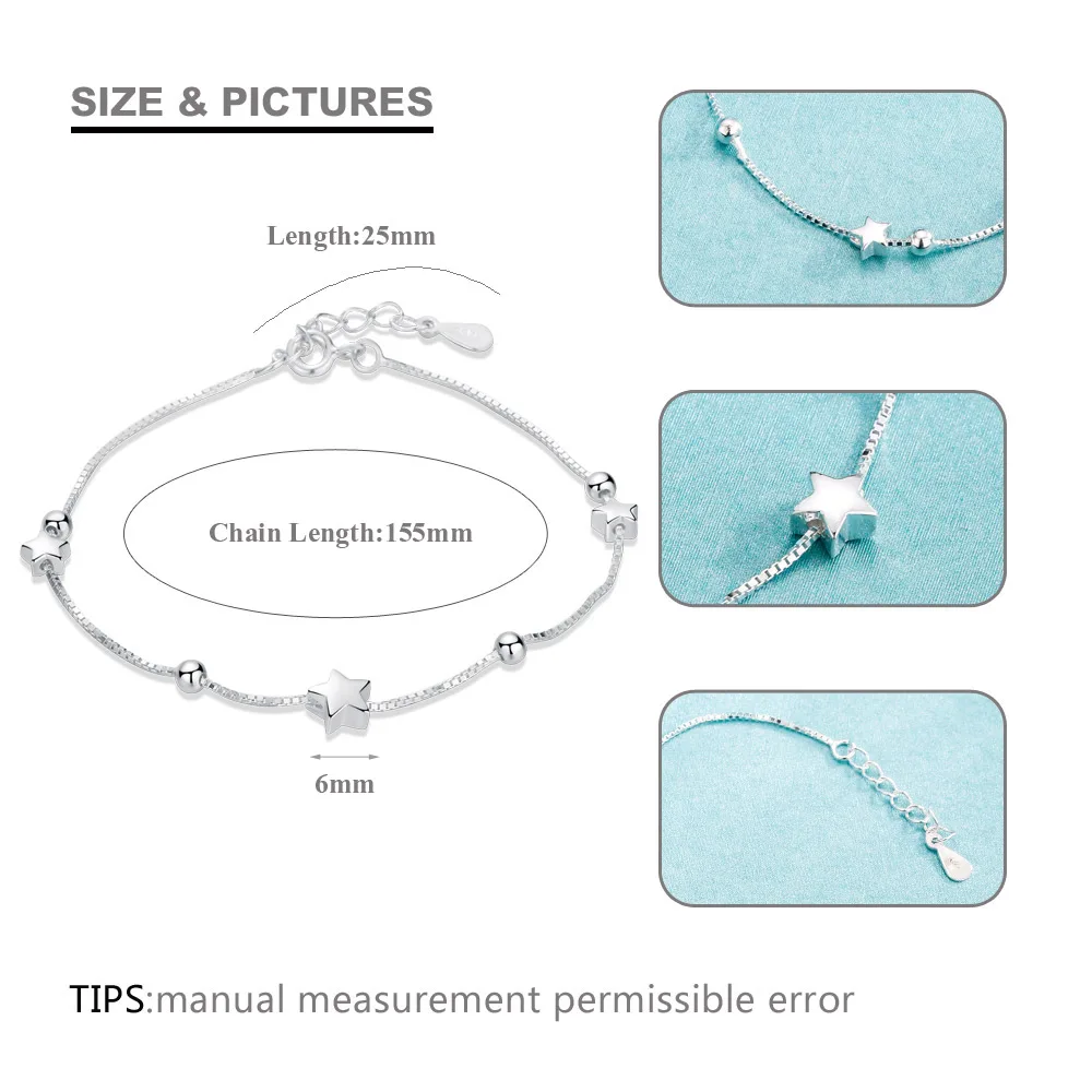 SA SILVERAGE 925 пробы браслеты с шармами и серебряными звездами для женщин, 925 Серебряный женский браслет, серебряный браслет на цепочке