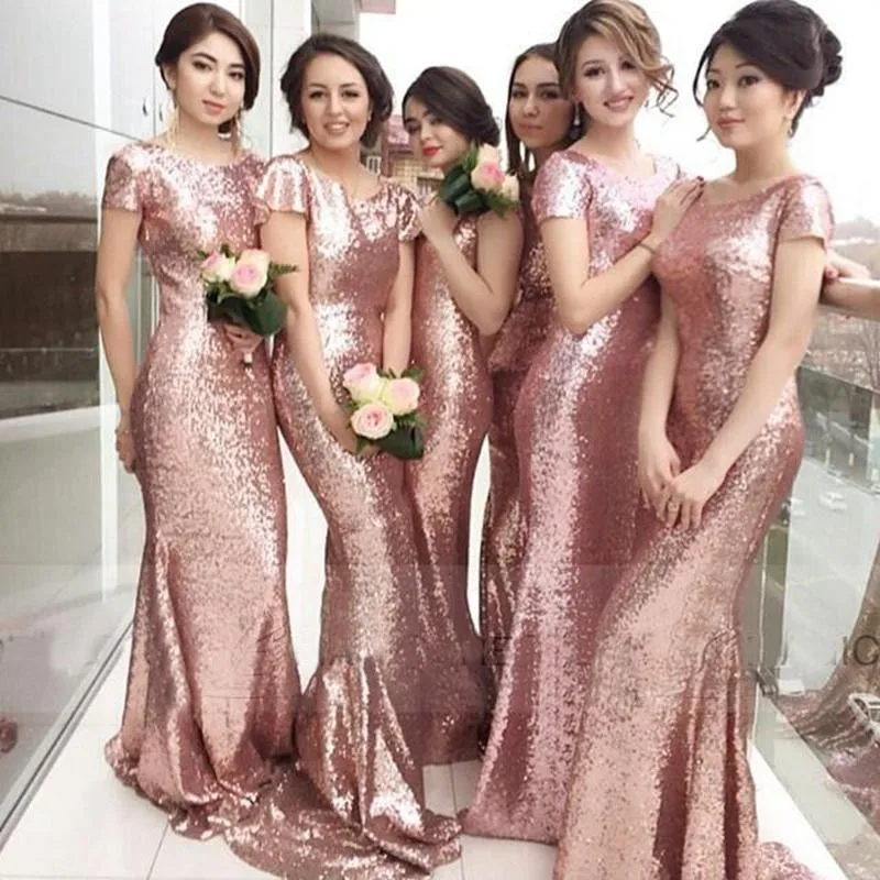 Мода элегантный блесток длинные Платья Невесты 2016 новый короткими рукавами тонкий длинные женщины формальные гость платье для свадьбы