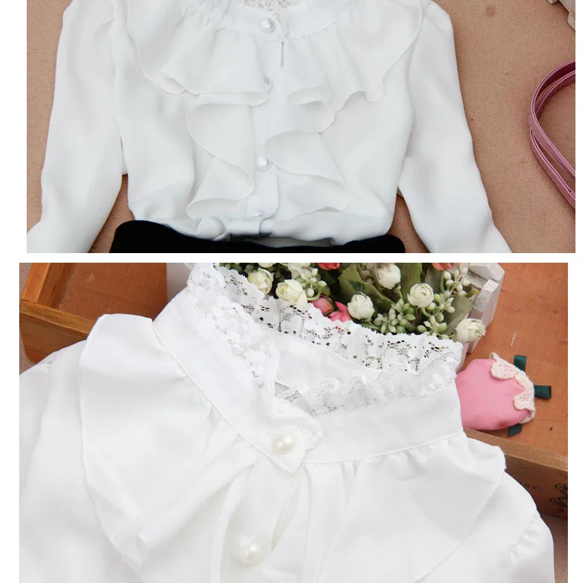 Girls Spring Autumn Blouses Chiffon Peter Pan Collar Long Sleeve Shirt White Lace Decoration 6 8 10 Y