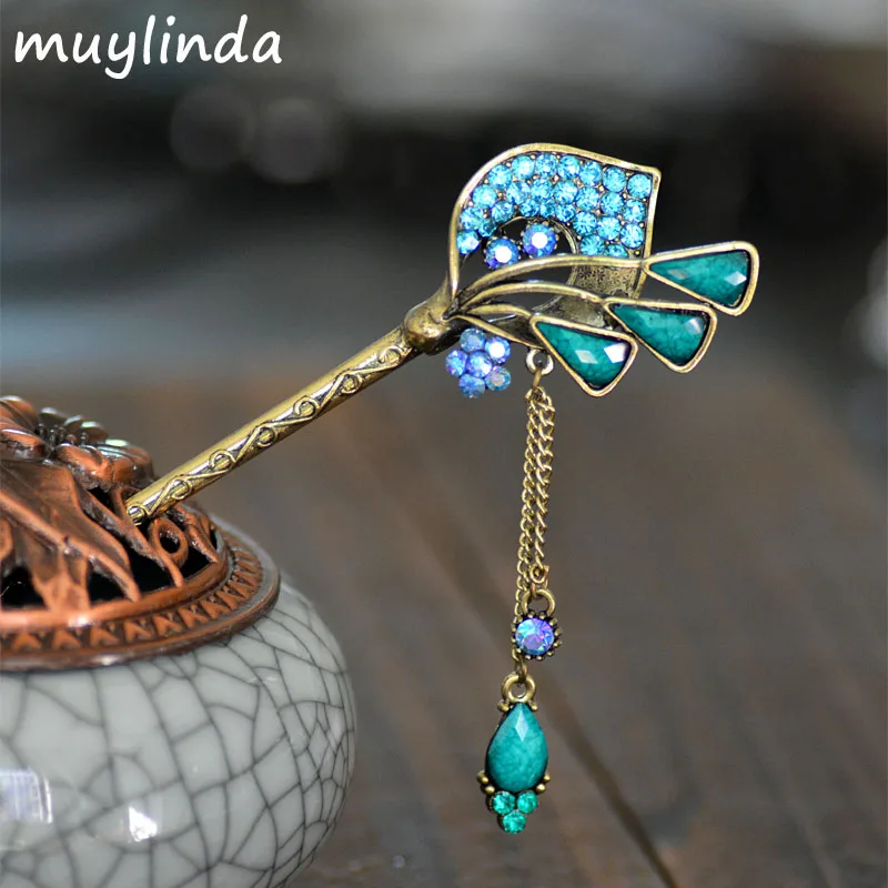 

Chinoiserie Calla Flower Charm Hair Stick Antique Metal Tulip Hairpins Vintage Rhinestone Banquet Hair Clip For Women