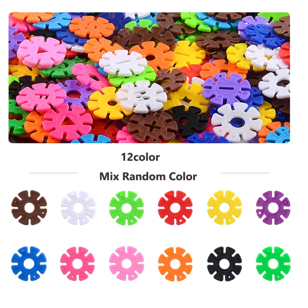 Skup 500 sztuk plastikowe SnowFlake Building klocki mieszane kolory DIY montaż Snowflake cegły dziecko klasyczne zabawki edukacyjne