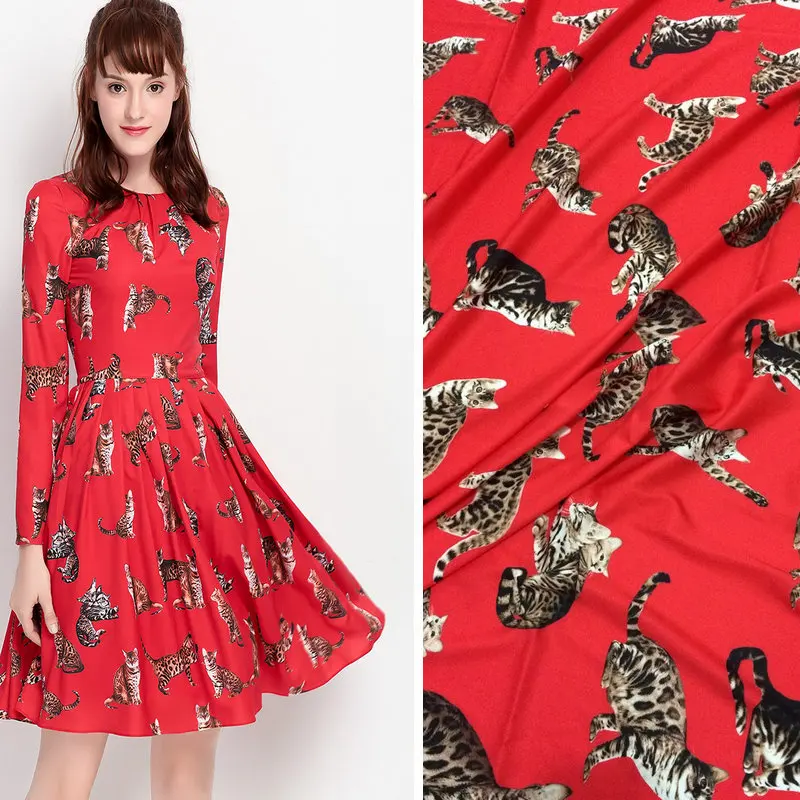 

polyester silk satin fabric, animal red cat print silk stretch satin fabric,fashion women dress imitate silk fabric tissue