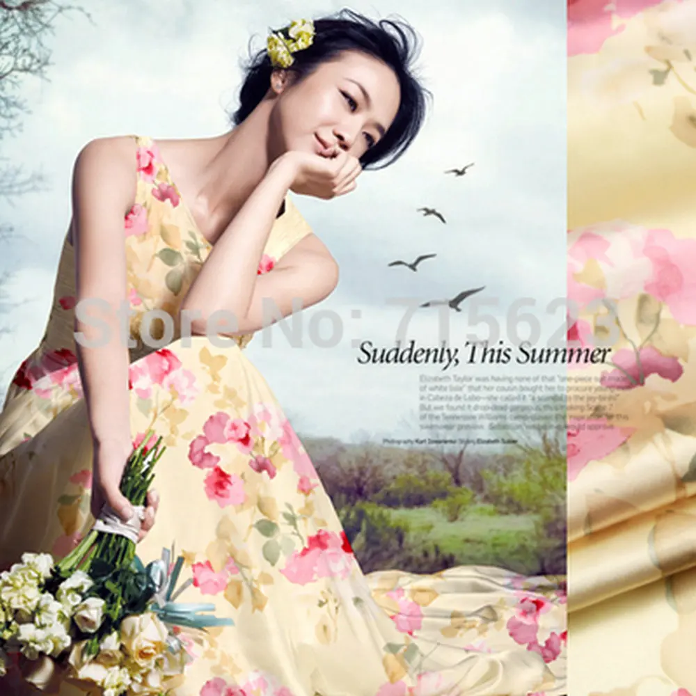 

Halo silk shop NEW design 2016 Free Shipping flower Printed Silk Satin Fabric