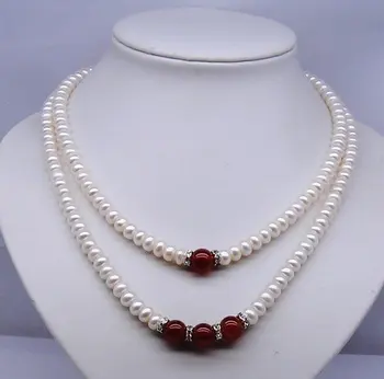 

30pcs/lot TWO ROWS!!! Natural Freshwater Pearl Necklace Fashion Jewelry with Red Lucky Charm Jewellery