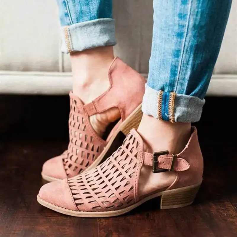 

HEFLASHOR 2019 New Summer Spring Shoes Woman Pumps Peep Toe Sandals Women Zip Chunky Square Heel Ankle Booties Womans Sandals