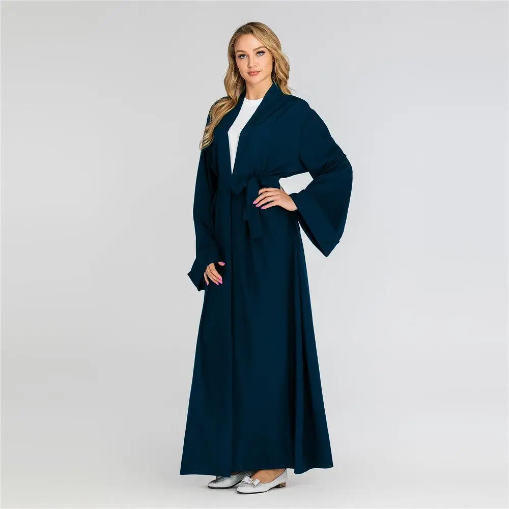 New Open Front Cardigan Dubai Kimono Abaya Maxi Dress Muslim For Women Solid Color Long Sleeve Arab Robe Gown Middle East Dress