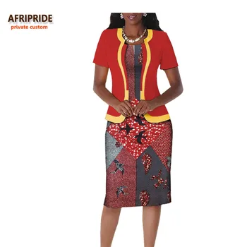 

2018 autumn african clothes casual women suit AFRIPRIDE short sleeve top+knee-length straight dress cotton suit for womenA722665