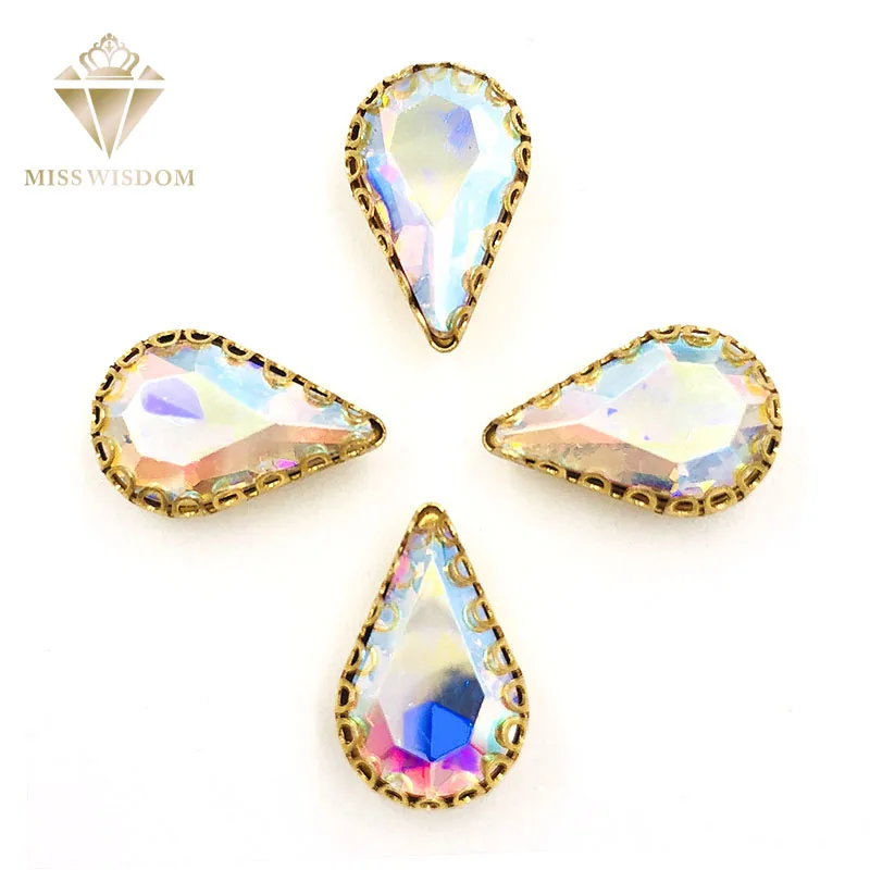 

NEW arrive 8X13mm White AB teardrop sew on rhinestones gold base lacy claw glass crystal pear shape rhinestones Diy accessories