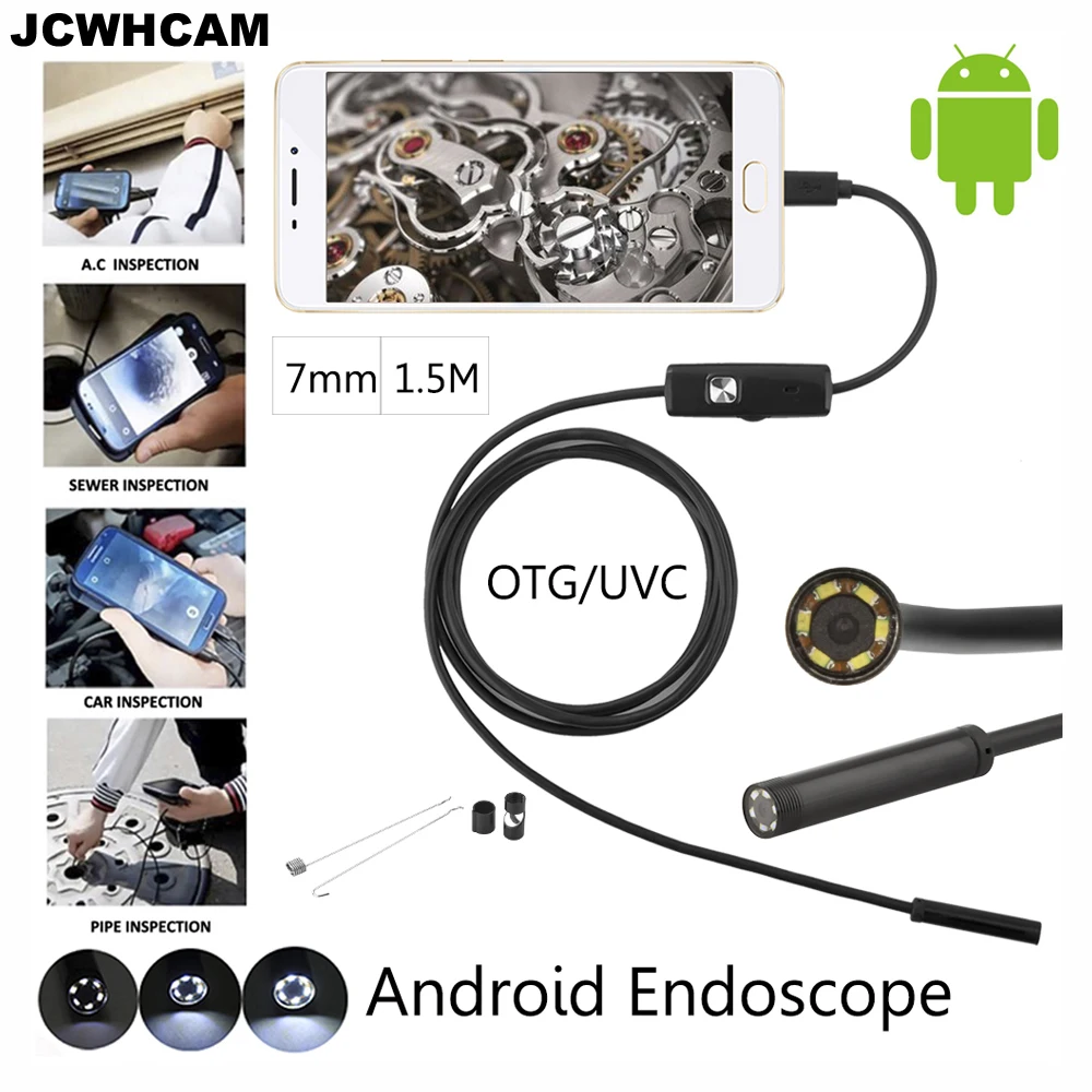 JCWHCAM 1.5M USB Android endoskop kamera 7mm Len flexibilní had USB potrubí přenosné kontroly Micro USB Borescope fotoaparát 2 / 5M