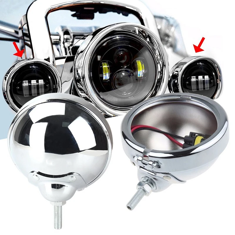 Pair BlackChrome LED Motorcycle Headlight Front Passing Fog Light Universal 12V with Housing Bracket For Harley Motorcycle (9)