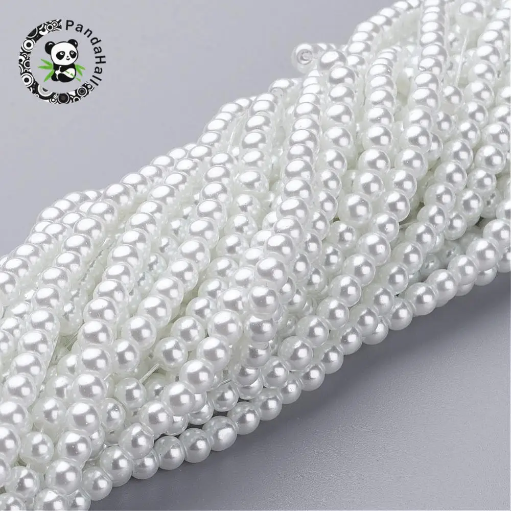 Glass Pearl Beads Strands, Pearlized, Round, White, Size: about 4mm in diameter, hole: 1mm, about 216pcs/str