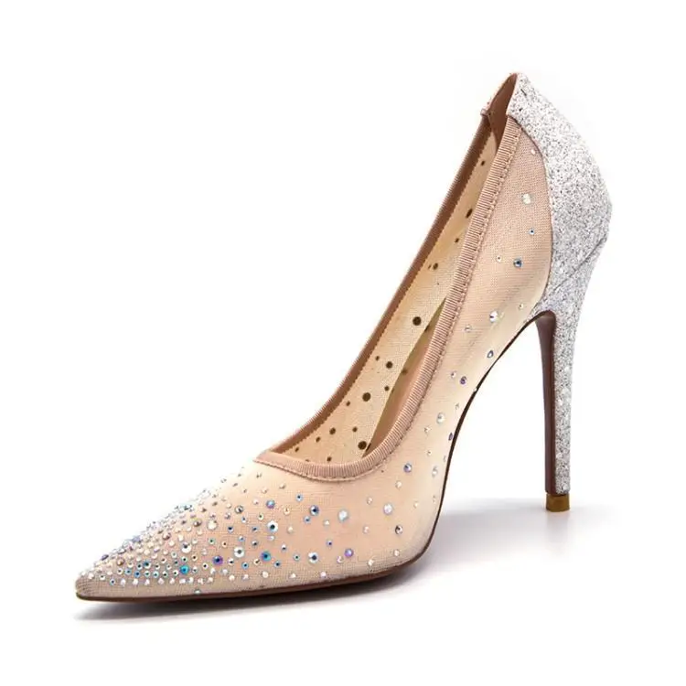

Crystal Embellished Nude Mesh Party Slip On Shoes Silver Sequins Patchwork Wedding Bridal Shoes High Heels Sexy Ladies Pumps