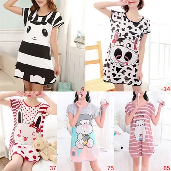 

Women Nightgown Cartoon Polka Dot Bear Panda Rabbit Sleepwear Short Sleeve Casual Night Shirt Sleepwear Nightwear Home Dress