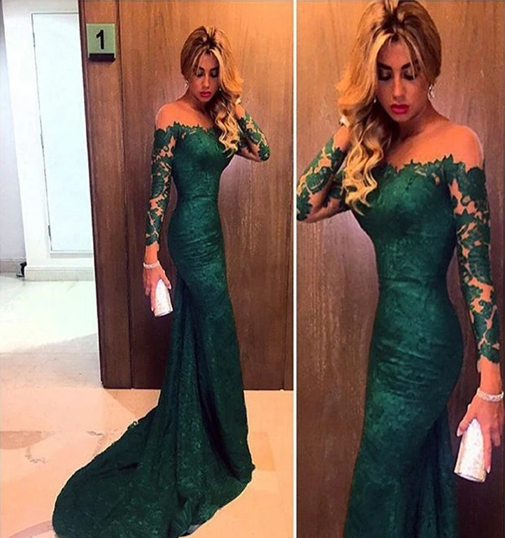

CYF78 Robe de soiree O Neck Long Mermaid Prom Dresses 2016 New Long Sleeve Lace Evening Dress Sheer Vestido De Baile Longo
