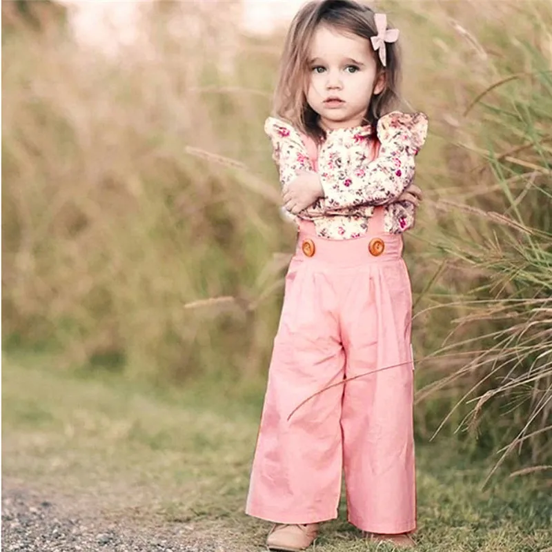

Girls Outfits Toddler Baby Girls Long Sleeve Floral Tops+Solid Overalls Pants Clothes Outfits Sets
