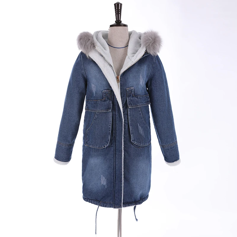 

Rlyaeiz New 2018 Winter Jacket Women Casual Long Style Solid Denim Jackets Fur Collar Thicken Fleece Warm Winter Women Coat