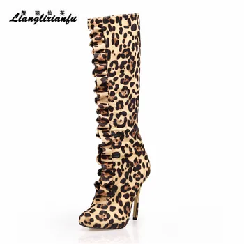 

LLXF Autumn Winter Knee-High Motorcycle boots 12cm Thin Heels Flock Shoes woman botas mujer Leopard Ruffles pumps Plus:35-42 43