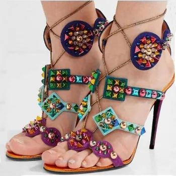

Fashion Heels Women Colorful Rivets Sandals Cages Open Toe High Heels Mixed Studs Stiletto Heels Celebrity Dressed Sandalias