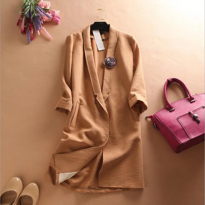 

Female Long Linen Open Stitch Blazer Womens Quality Spring Summer Three Quarter Sleeve Solid Lapel Suit Cardigan Jacket