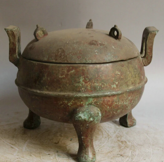 

JP S62 11" Old Chinese Bronze 3 Foot Food Water Wine Ware Vessel Handle Pot Jar Crock