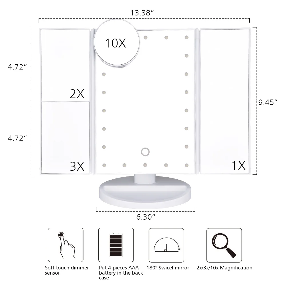 Tri-Fold Makeup Mirror 2x 3x 10x Magnification Mirrors 22LED Lights Touch Screen Travel Cosmetic Mirror Tabletop Makeup Mirror (2)
