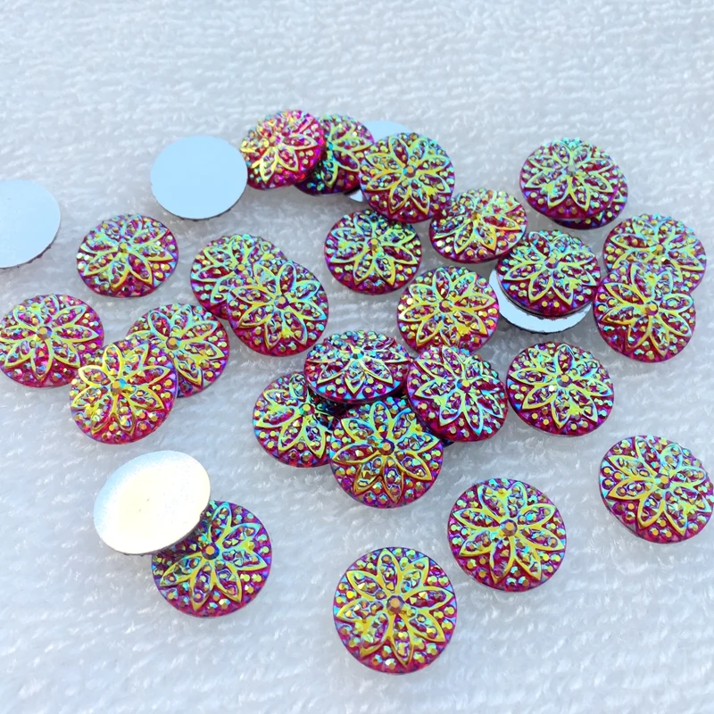 

40 pieces 14 mm red round floral flat back party decorating wedding button resin crafts.