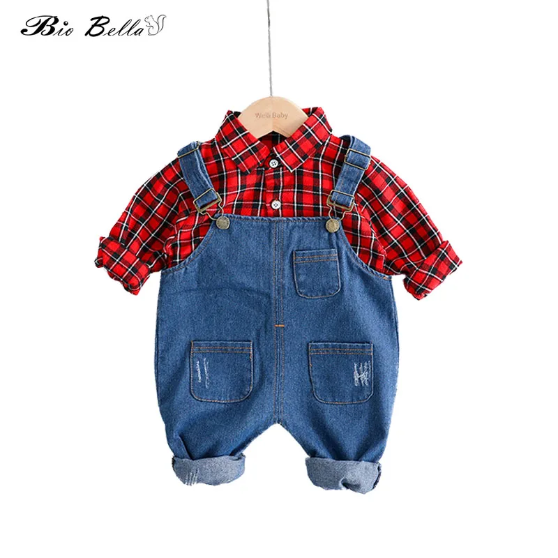 

2PCS Kids Boy Clothes Sets 2019 Spring Autumn Plaid Blue Red Shirt+Suspender Jeans Pants Children Gentleman Boy Clothes Outfits