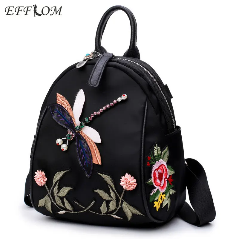 

Chinese Ethnic Vintage Backpack Retro Flower Dragonfly Embroidery Cloth Backpacks Women Black Fashion Rucksack Travel Daypack