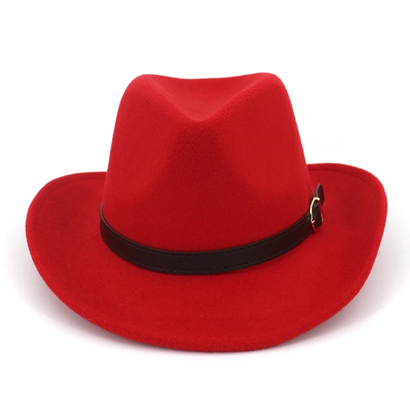 QIUBOSS западная ковбойская шляпа шерстяная фетровая мягкая фетровая шляпа с широкими полями шляпы с пряжкой на поясе мужские и женские карнавальные вечерние шляпа сомбреро - Цвет: Красный