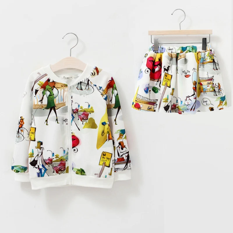 

Children's Clothing Spring Autumn Girls 2 Pcs Casual Suit Floral Printing Kids Baby Skirt Zipper Jacket Coat Children Set 3-10y