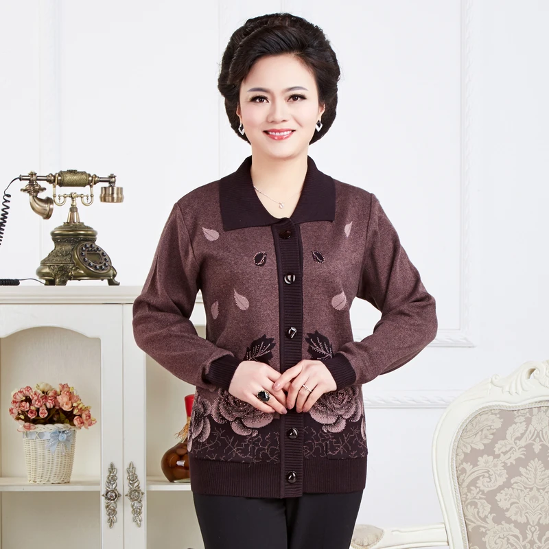 Autumn Winter Women Elegant Wool Cardigan Sweater Flower Pattern Desigan Old Ladies Grandma Mom Brown Cardigans Swteaters Autumn Winter Women Elegant Wool Cardigan Sweater Flower Pattern Desigan Old Ladies Grandma Mom Brown Cardigans Swteaters