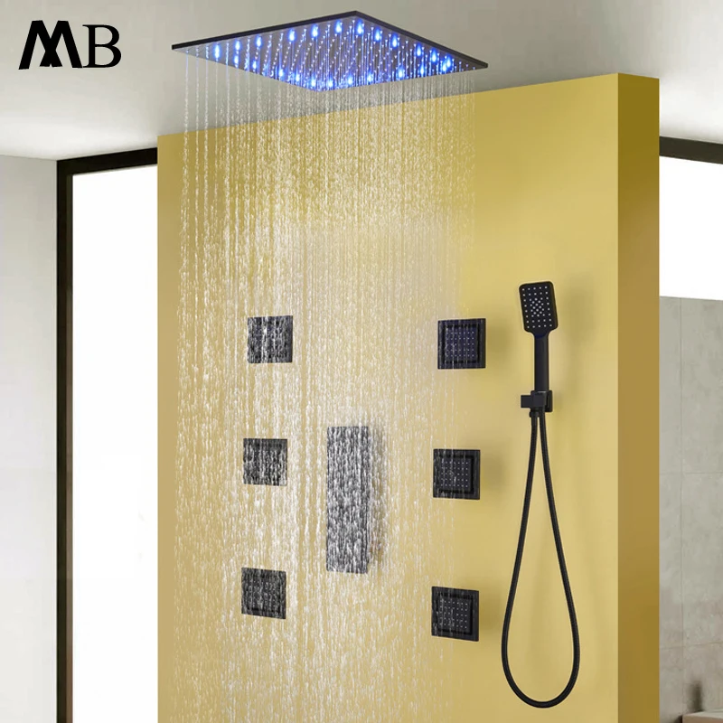 Bathroom Shower 3 Ways Black Faucets Set Rainfall LED Head Hot Cold Mixer Tap 50cm Showerhead With Body Spray Jets | Обустройство