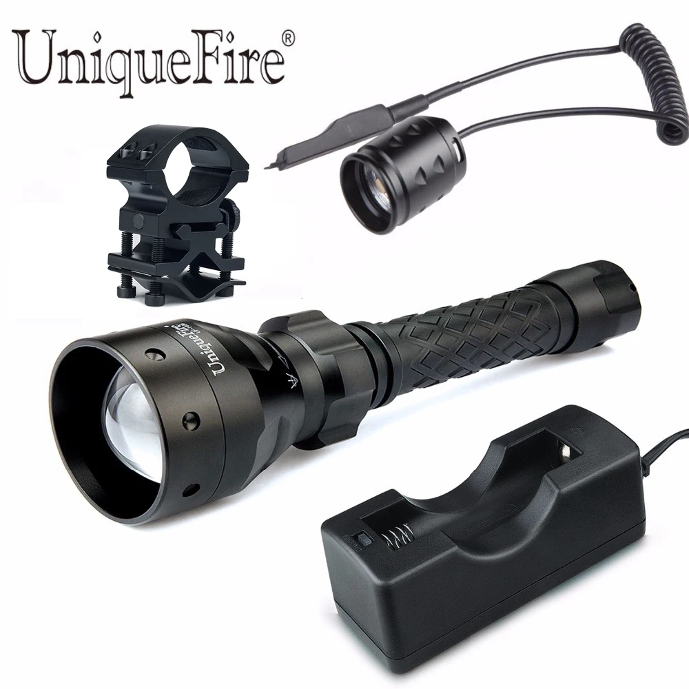 

Uniquefire UF-1406 940NM IR LED Zoomable 3 Mode Flashlight Set Hunting Light Lamp Torch +Charge +Scope Mount + Pressure Switch