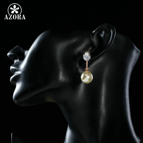 AZORA Rose Gold Color Clear AAA CZ V Design Earrings Drop with Pearl for Women TE0206