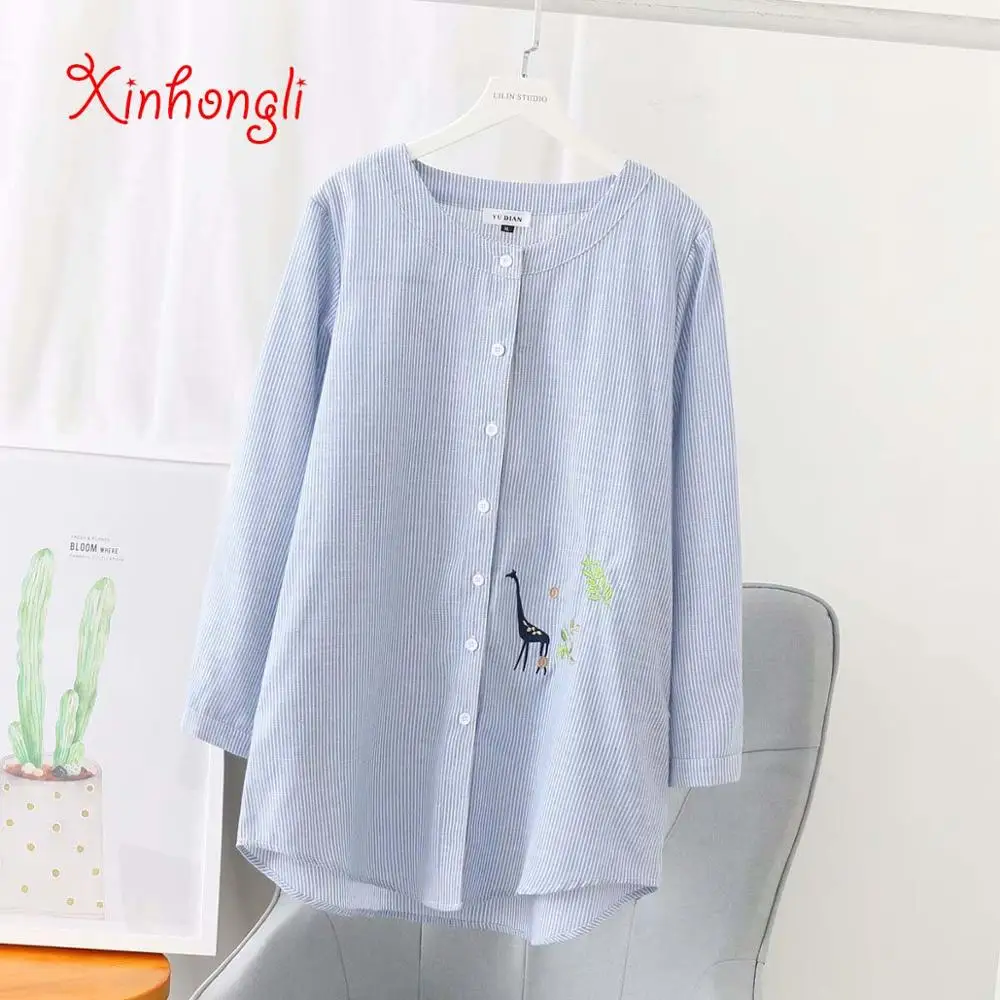 

Plus size Slash neck Striped Embroidery women loose blouse 2020 NEW spring autumn casual ladies shirts female tops oversize