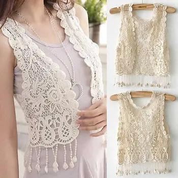 

Fashion Womens Crochet Knitting Vest Tassel Hollow out Gilet Waistcoat Cardigan Short Coat Beige One Size