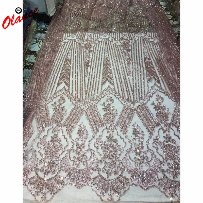 

Newest Peach pink color glued glitter lace with beads strips and flowers design JX0 free shipping African Tulle lace Fabric