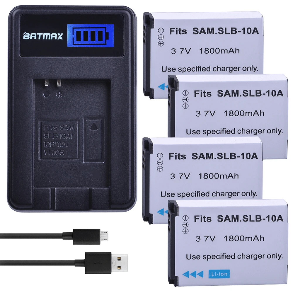 4 шт. аккумуляторы для камеры 10A SLB10A + зарядное устройство USB с ЖК дисплеем